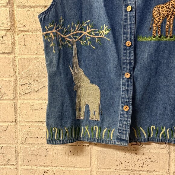 ๐ฆ TanTrums Embroidered Denim Vest Safari Giraffe Elephant Nature Boho - Picture 3 of 8